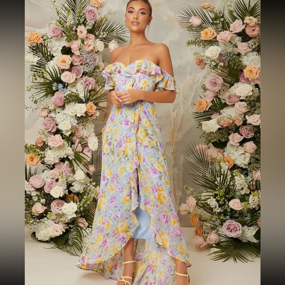 Floral Print Ruffle Bardot Dress